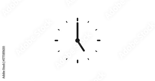 Minimalistic clock animation on white background showing time passing with moving hands, symbolizing loop, daily routine, hours, minutes, and concept of time management, countdown, or schedule