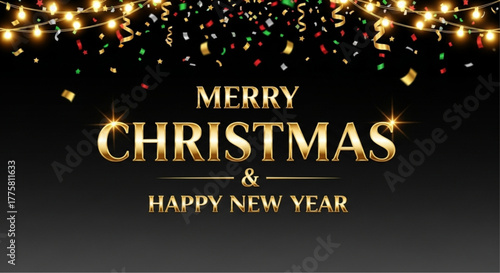 A festive holiday greeting card in elegant gold text on a sophisticated dark backdrop, illuminated by twinkling fairy lights, celebrating the joyous season of Christmas. vector illustration