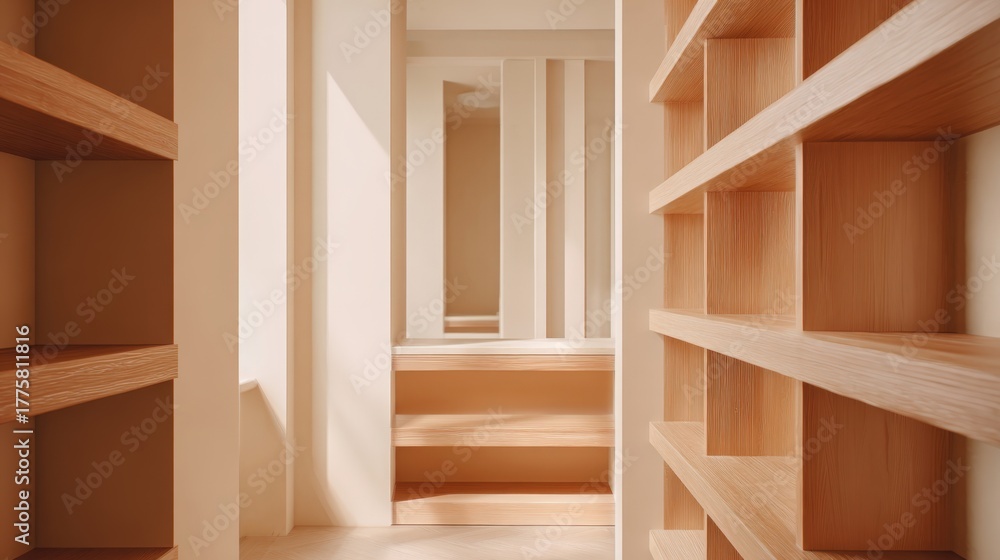 Fototapeta premium Modern minimalist interior featuring empty wooden shelves and natural light creating a bright, clean aesthetic