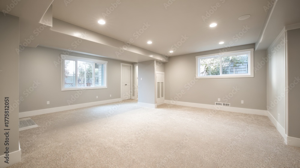 Obraz premium Bright, Newly Renovated Basement with Natural Light from Windows, Fresh Carpet, and Neutral Paint
