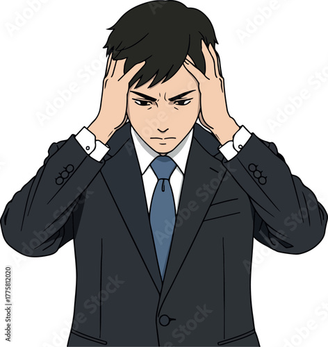 Anime Man In Suit Holds Head Stressed Emotion Vector