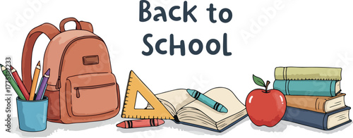 Back To School Supplies Apple Books Backpack Ruler Pencils Crayons Open Book