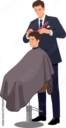Barber Cuts Client Hair In Minimalist Style Flat Design Isolated White Background