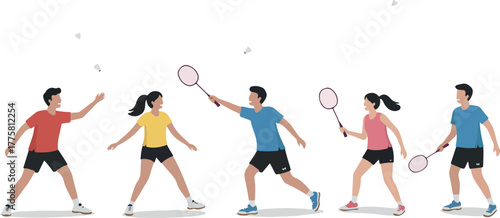 Badminton Players In Action Flat Design Isolated People Playing Sport