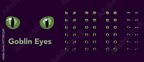Set of green goblin glowing eyes dark background fantasy magic cartoon animal reptile feline mammal monster demon dragon shiny pupil vector illustration
