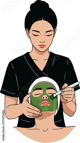 Beautician Applying Green Face Mask To Woman Flat Design Illustration