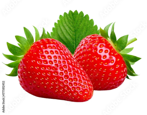 Strawberries isolated. Two ripe strawberries, half a strawberry with green leaves on a transparent background  png 