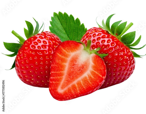 Strawberries isolated. Two ripe strawberries, half a strawberry with green leaves on a transparent background  png 