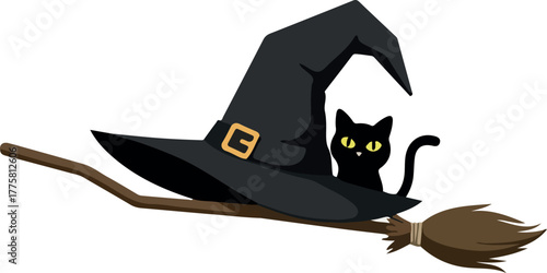 Black Cat Sits on a Witch Hat on a Broomstick Vector Art