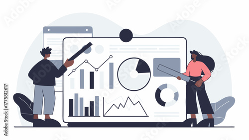 Team of analysts working on a business intelligence report, presenting data visualization with pie charts and graphs on a dashboard