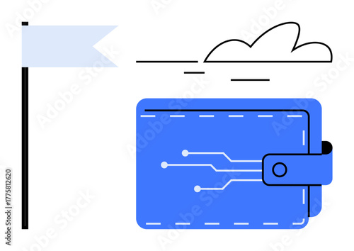 Blue digital wallet with circuit-inspired design, paired with light flag and cloud, symbolizing technology, finances, innovation, security, decentralization, connectivity, future trends in a simple