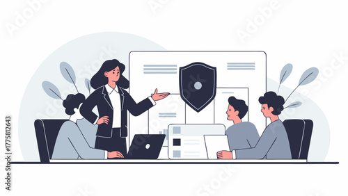 Corporate team in a business meeting discussing cybersecurity strategy, with a female leader presenting data protection concepts