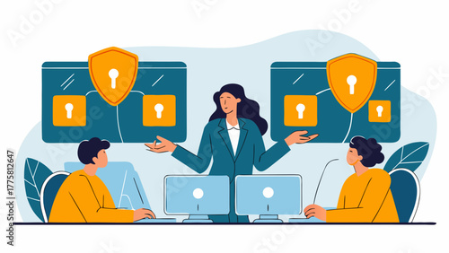 A corporate specialist presenting a cybersecurity framework to office employees, illustrating concepts of data protection and secure access management