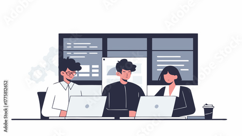 A dedicated team of software developers collaborating on a project, programming on laptops in a modern office environment illustration
