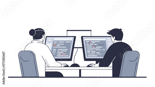 Illustration of two programmers working side by side at their desks, collaborating on a software development project with code on their computer screens