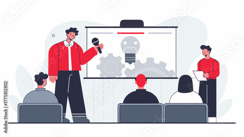 Business professional delivering a compelling presentation on innovation and strategy, with a lightbulb and gears icon on the projector screen