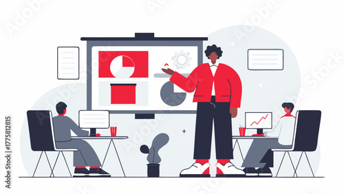 A dynamic business leader conducting a presentation, using data visualization charts and graphs on a large screen for a team meeting