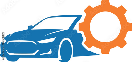 Blue Car and Orange Gear Icons Representing Automotive Service