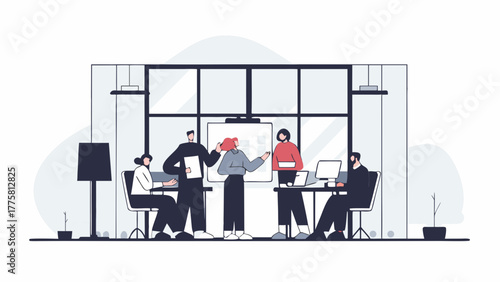 Vector illustration of business professionals collaborating in a modern office during a team meeting and presentation with a whiteboard
