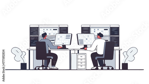 Two professional software engineers and data analysts working intently at their desks with multiple computer monitors in a modern office setup