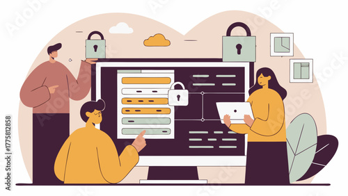 Cybersecurity team working on secure user authentication and data privacy. Flat vector illustration showing people protecting information with a password