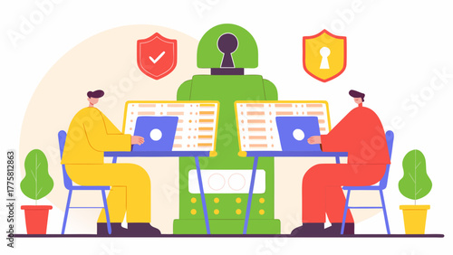 Two developers working on laptops to write code for a network security system, illustrating collaboration and data protection