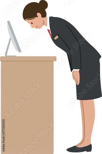 Bowing Businesswoman with Computer at Desk Minimalist Flat Design