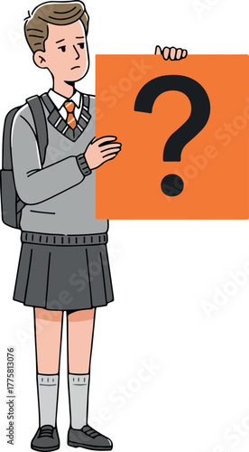 Boy Holding Question Mark Sign Sad School Uniform Vector