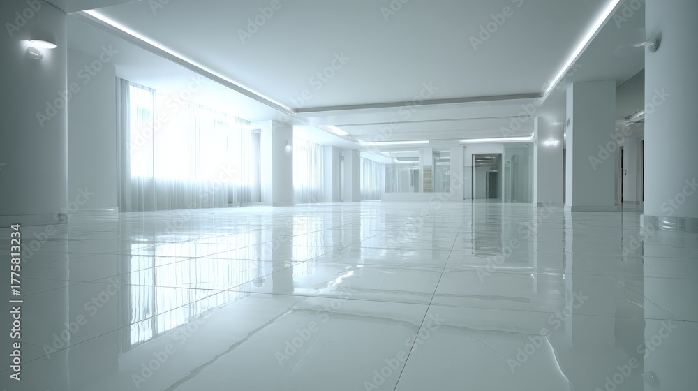 Fototapeta premium Bright Empty White Room with Tiled Floor, Minimalist Design, and Natural Light from Large Windows