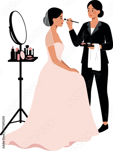 Bride Getting Makeup Applied By Artist Pink Dress Minimalist Illustration