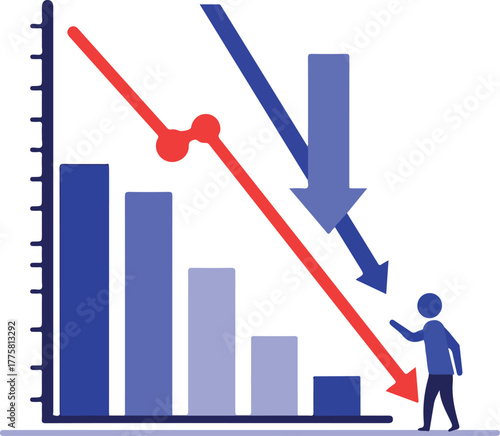 Business Downward Trend Bar Chart Flat Design With Red Arrow and Tiny Man Icon