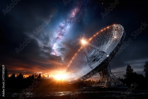 Gigantic satellite dish captures cosmic wonders at sunset