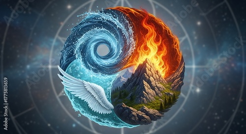 Yin Yang Symbol with Water Fire Mountain Landscape Artistic Illustration