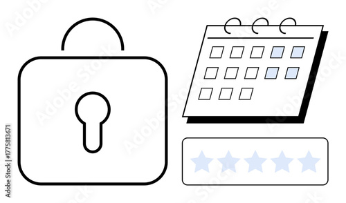 Padlock signifies security, calendar represents planning, and stars indicate quality or performance. Ideal for privacy, online security, quality assurance, scheduling, data protection, trust