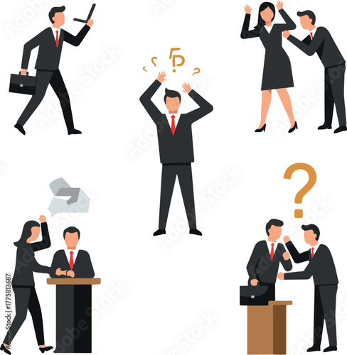 Business People Argue Conflict Stress Flat Design Vector Set