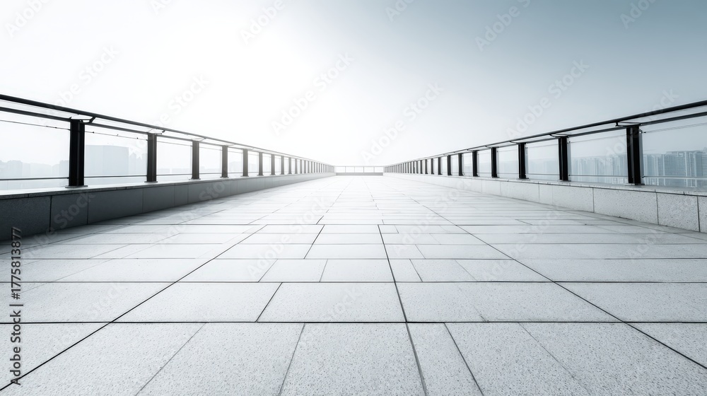 Naklejka premium Contemporary urban rooftop terrace with panoramic city view, ideal for architectural visualization and design projects