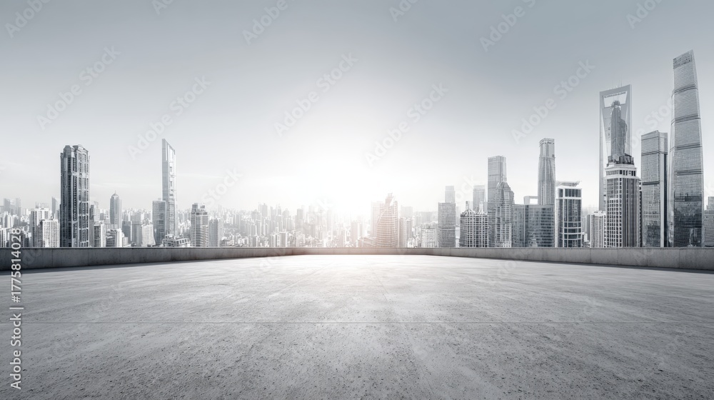Fototapeta premium Panoramic Cityscape View with Empty Concrete Platform, Ideal for Product Mockups and Urban Development Concepts