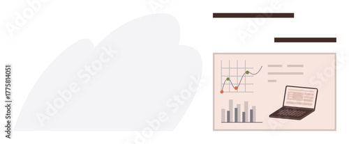 Graphs, bar charts, and line chart next to laptop displaying data analytics. Ideal for business strategy, data analysis, financial planning, market research, productivity, strategy simple flat