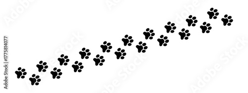 Track of wet or mud footprints of dog or cat. Path with pet paw silhouettes. Black steps of running or walking animal isolated on white background. Vector graphic illustration.