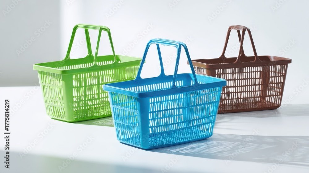 Fototapeta premium Colorful Plastic Shopping Baskets: Green, Blue, Brown Containers for Retail, Storage, and Household Use