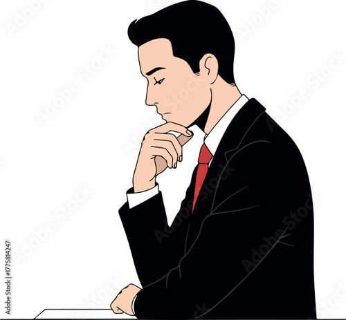 Businessman In Black Suit Red Tie Thinking White Background Isolated Minimalist