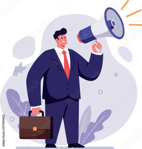 Businessman With Megaphone Announcing Important News Against Abstract Purple Background