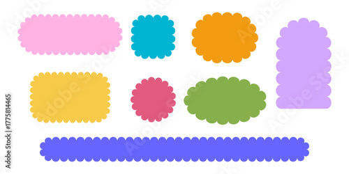 Set of cute colorful geometric forms with scalloped edges. Shapes with frilly borders. Empty laced box, sticker, tag or label templates isolated on white background. Vector flat illustration.