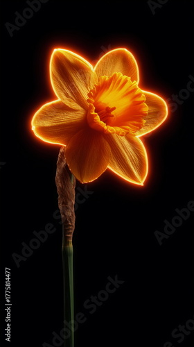 Yellow narcissus flower glowing on black background in closeup view