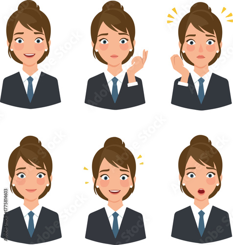 Businesswoman Icon Set Diverse Emotions Flat Design Light Blue Background