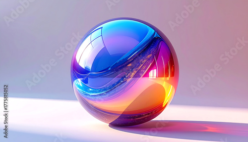 A glossy, iridescent orb with vibrant blue, purple, and orange reflections on a minimalist background.