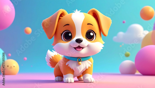 An adorable orange and white cartoon puppy with big, shiny eyes sits in a whimsical pastel world with colorful spheres.