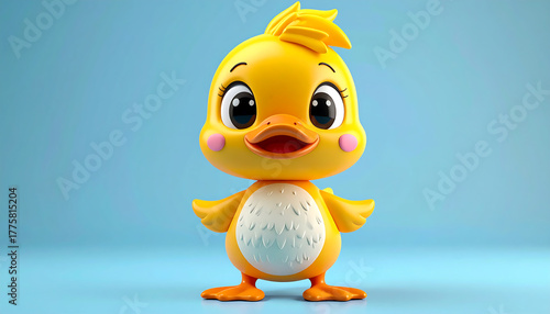 An adorable 3D animated yellow duckling character with big expressive eyes and rosy cheeks stands against a solid blue background.