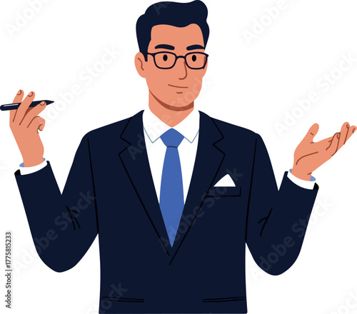 Confused Businessman In Blue Suit Gesturing White Background Flat Design