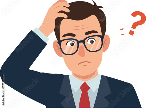 Confused Businessman In Blue Suit Wearing Glasses Scratching Head